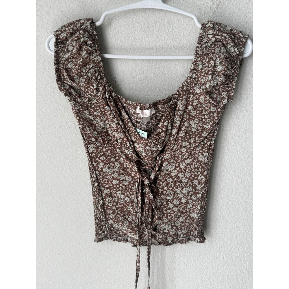 Blush B Floral Smocked Crop Top Mocha Brown White Ditsy Lace Up Front Small NWT